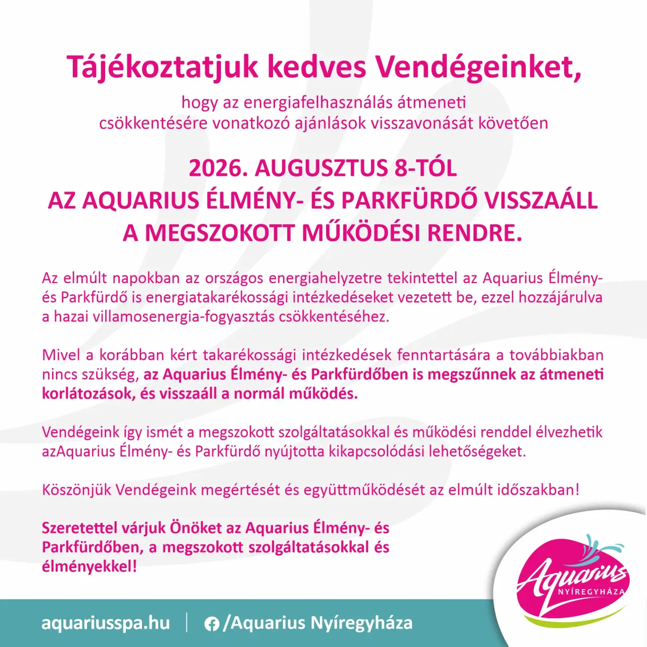 Az Aquarius Élmény- és Parkfürdő visszaáll a megszokott működési rendre