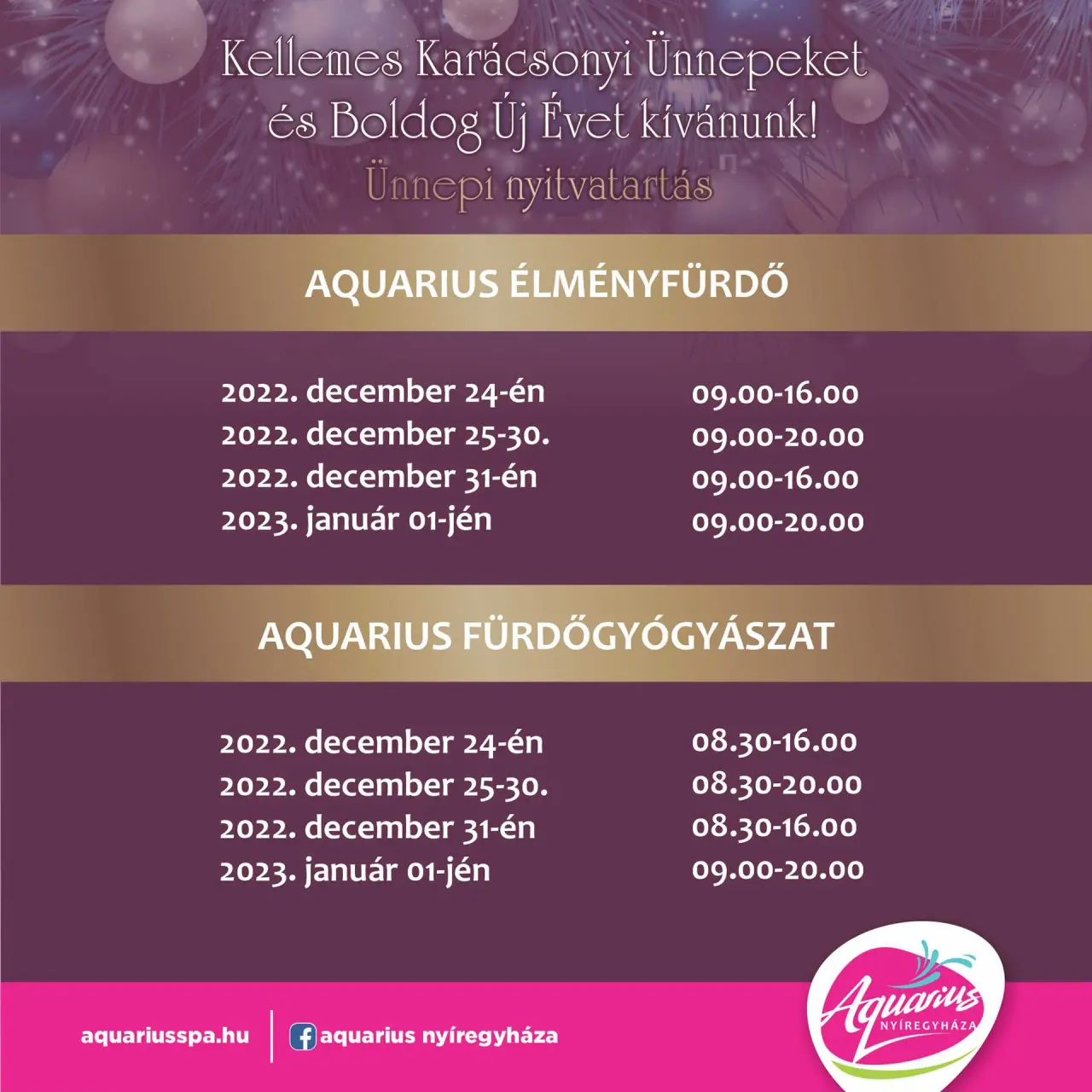 The Aquarius Adventure Bath's holiday opening hours for 2022.